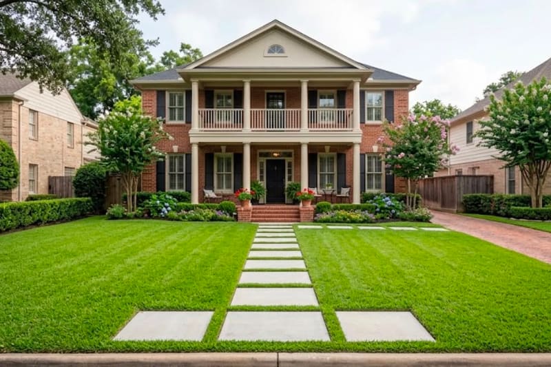 Front yard with a striped lawn, stepping pads and a brick paver driveway in front of a two-story colonial home